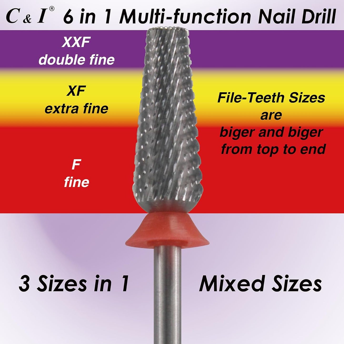 C & I Nail Drill Bit 6 in 1 Multi-function Rounded End E File, Tungsten Steel CNC Overall Cutting, Manicure Tool for Nail Tech Quick Remove Nail Gels, Acrylic Nails (Original, Fine -F)