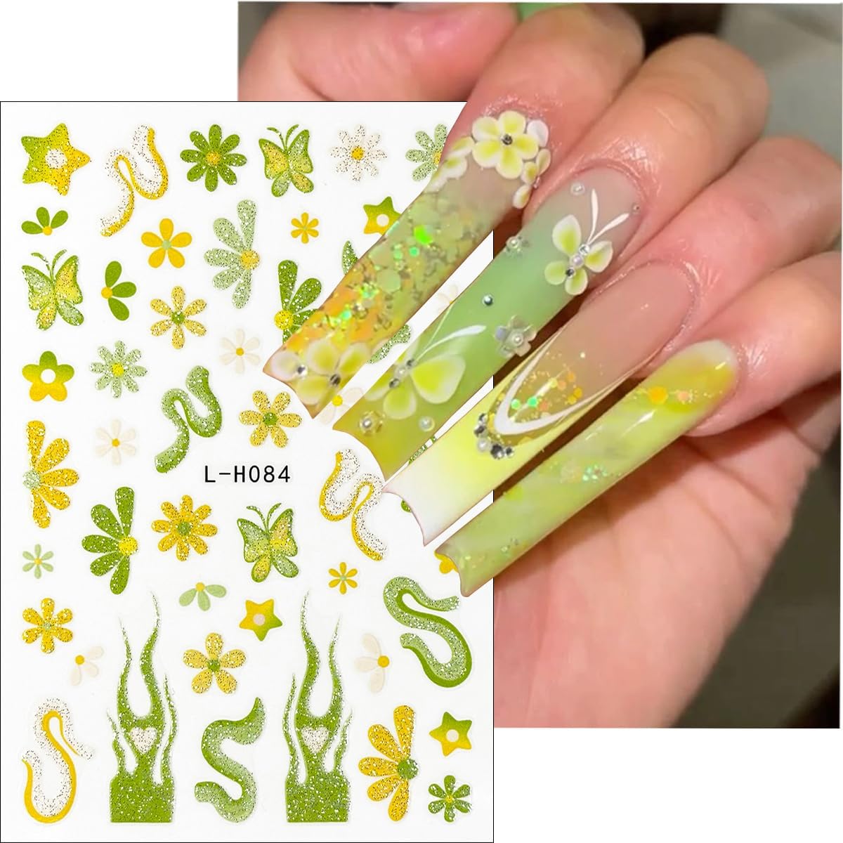 6Pcs Flower Nail Art Stickers 3D Glitter Hibiscus Nail Decals Pink Yellow Green Floral Nail Design Stickers French Tip Nail Art Sticker Spring Butterfly Nail Decoration Supplies for Women Manicure