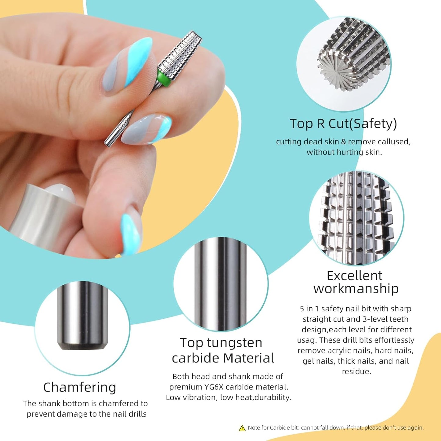 5 in 1 Nail Drill Bits, Coarse Safety Tapered Nail Bit, Straight Cut Carbide Drill Bits for Nails, 3/32 Two-way, Electric Drills Removal Manicure Thick Gel
