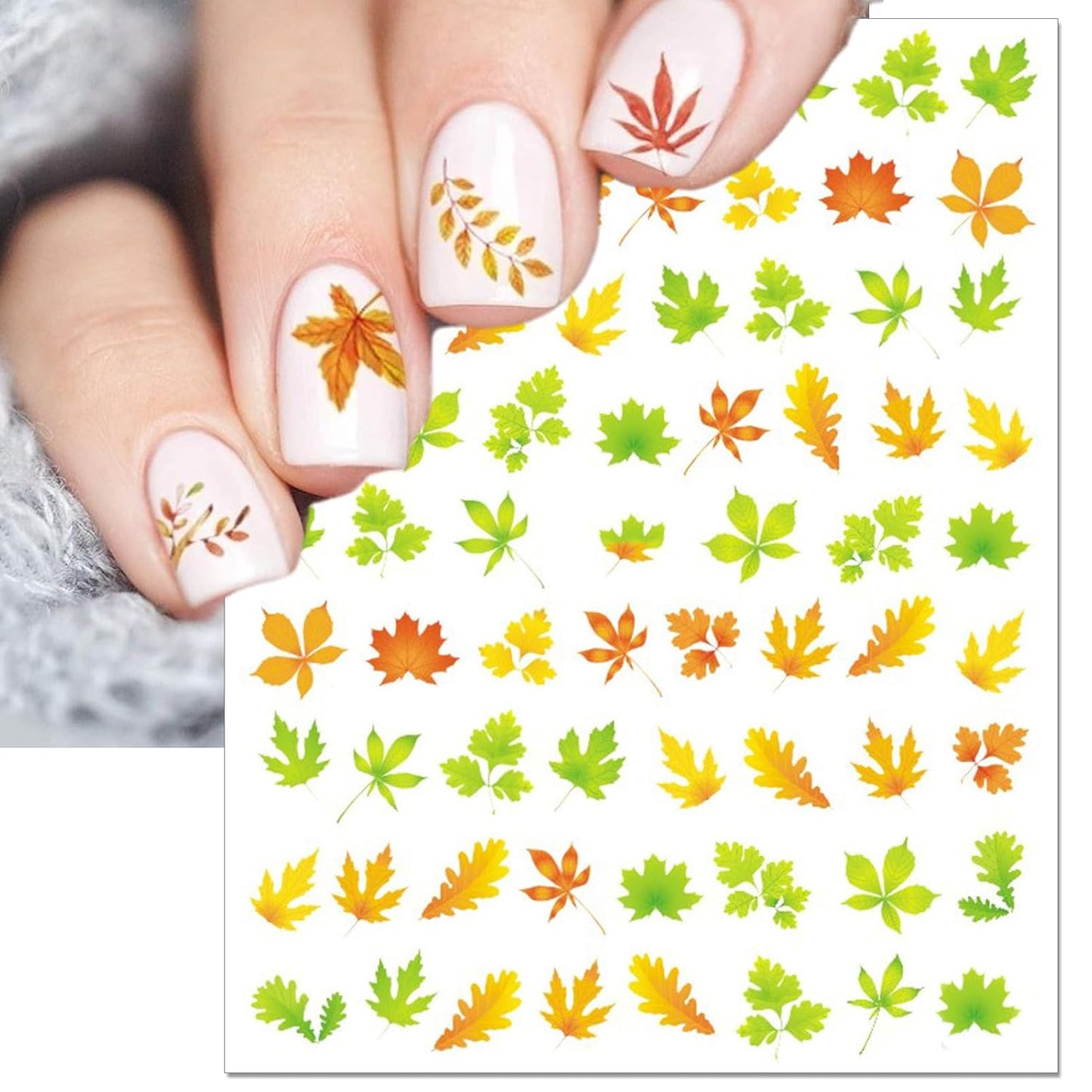 Fall Nail Art Stickers, Thanksgiving Day Laser Glitter Nail Decals, 3D Self-Adhesive Maple Ginkgo for DIY Nail Supplies Decoration(6 Sheets)