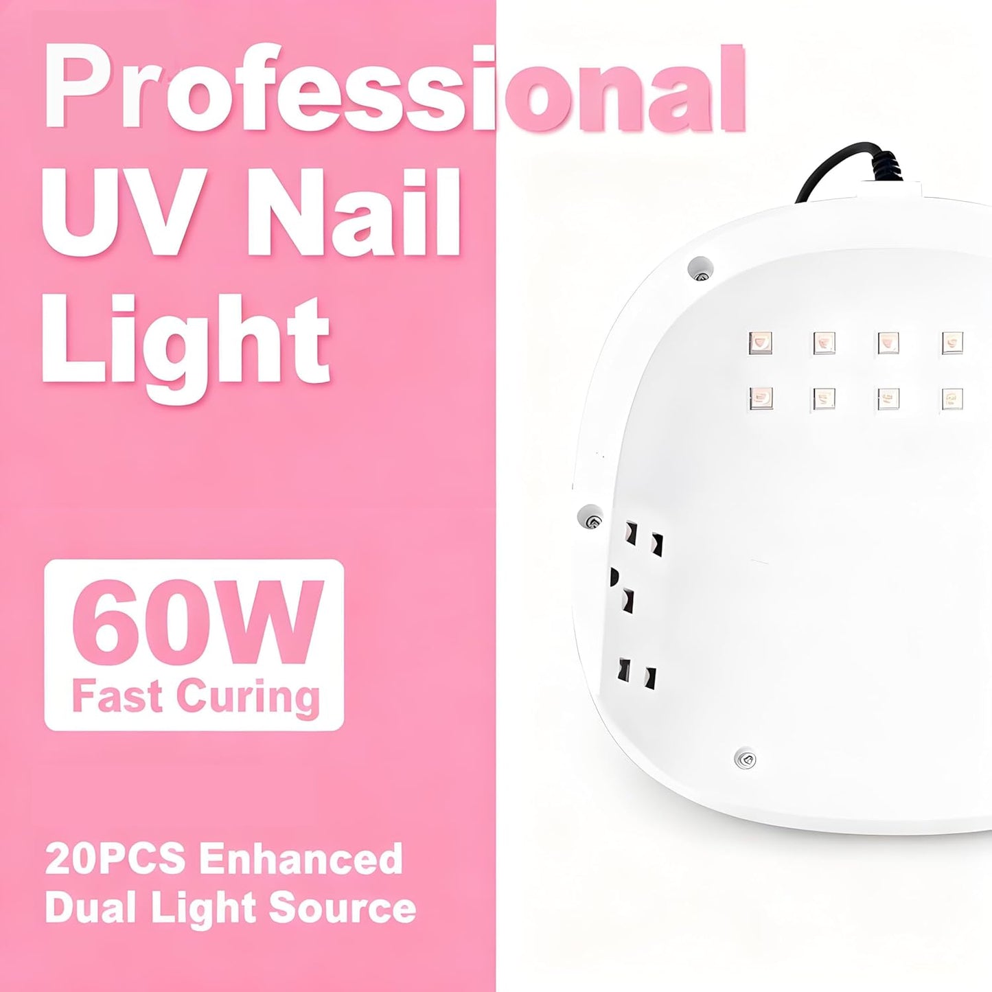 60W Mini UV LED Nail Lamp, 20 Beads Fast Curing Gel Polish Dryer with 4 Timers (30s/60s/90s/Constant On) & USB Port, Compact Professional Manicure Tool for Home Salon Travel
