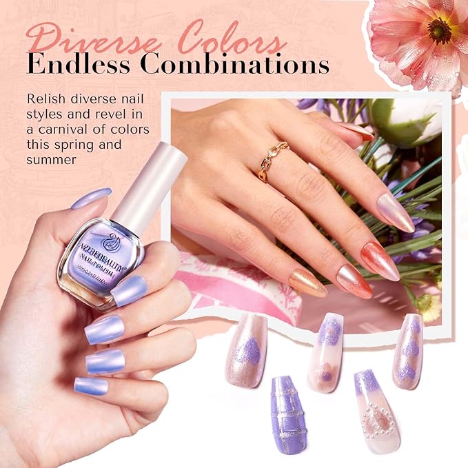 AZUREBEAUTY Pearl Shine Iridescent Shimmer Purple Violet Nude Coral Glitter Orange 8 Colors Nail Polish Set, Quick Dry, Perfect for Women Manicure Nail Art DIY Salon