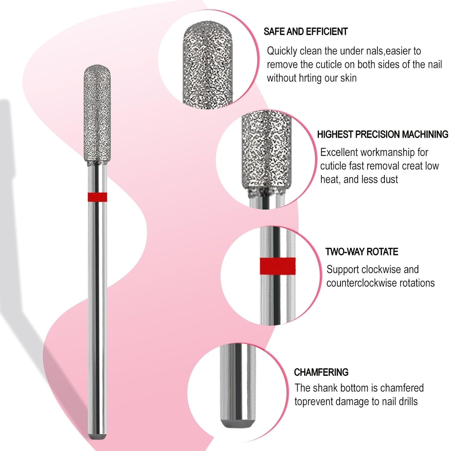 Cuticle Clean Nail Drill Bit, 3/32" Russian Diamond Nail File bits, Safety Carbide Under Nail Cleaner for Cuticle Dead Skin Nail Prepare, Nail Salon Manicure, (Round Top Barrel-Fine)