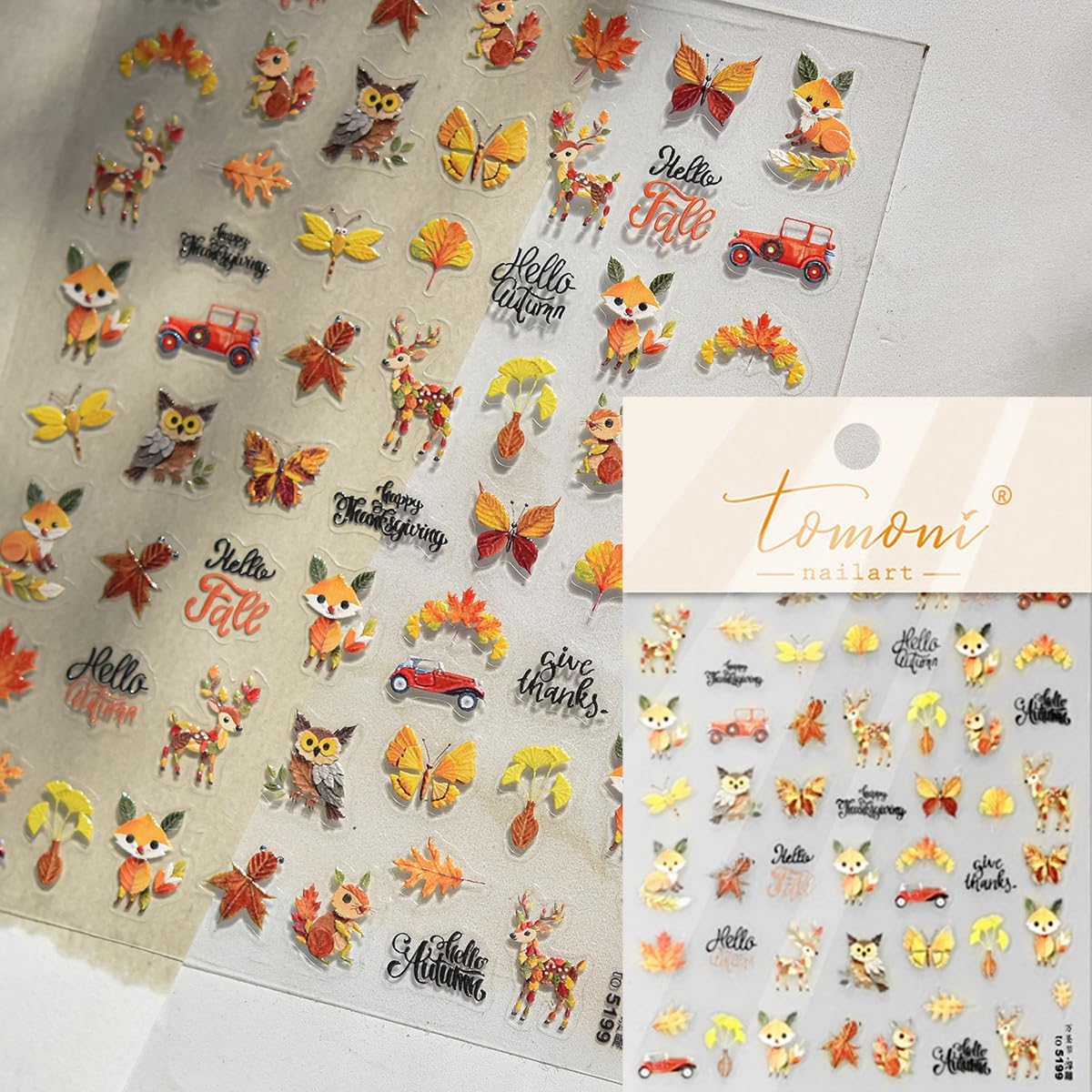 Fall 5D Embossed Nail Art Stickers Decals Thanksgiving Nail Decals Cute Squirrel Owl Butterfly Dragonfly Design Nails Art Supplies Self-Adhesive Autumn Leaves Nails Stickers for Women Manicure Decor