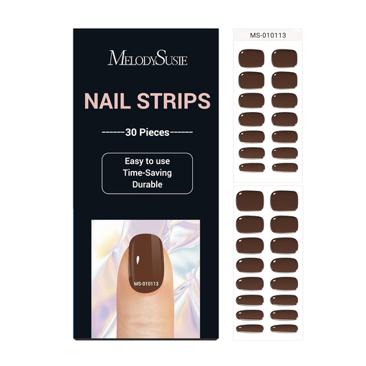 MelodySusie 30PCS Semi Cured Gel Nail Strips, Brown, Works with Any Nail Lamps, Salon Quality, Long Lasting, Easy to Apply and Remove, Includes 2 Prep Pads, Nail File and Wooden Stick