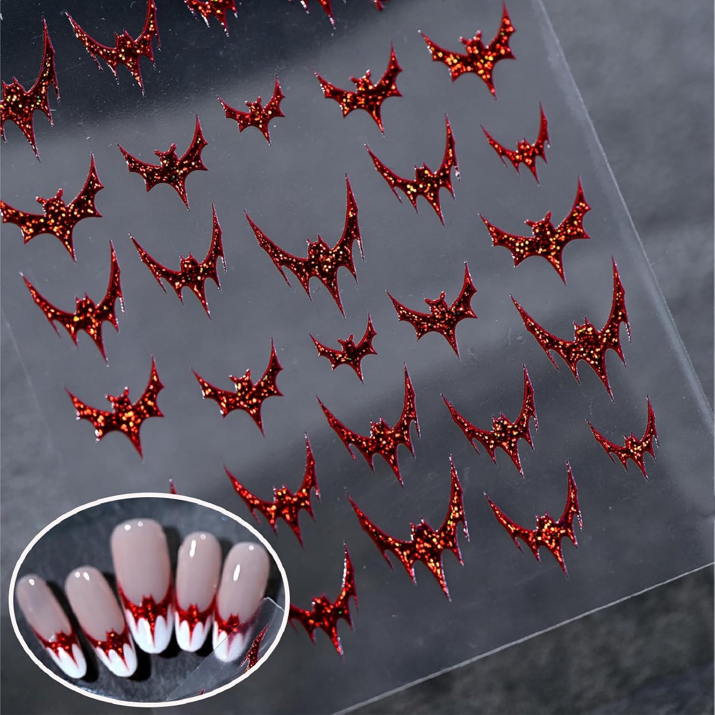 Halloween Nail Art Stickers 3D Self-Adhesive Red Glitter Bat Nail Stickers with Glitter Bloody Bats Nail Decals Horror Design Sticker for Women Manicure Decoration Cardboard Set 1 Sheets