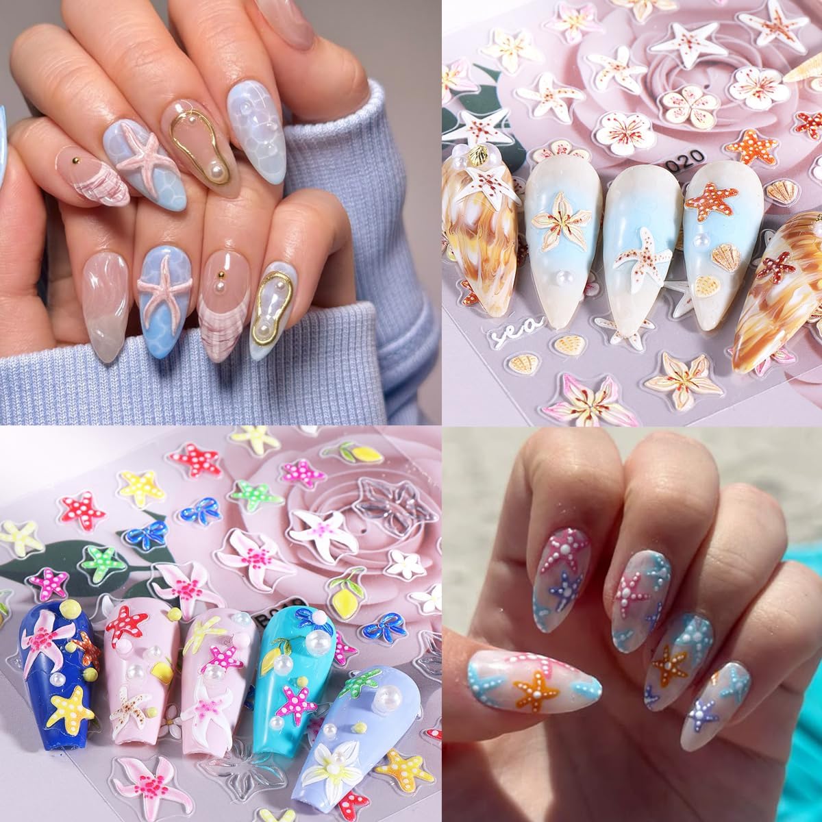 2 Sheets Colorful Starfish Nail Stickers, Flower Nail Decals, 5D Embossed Self-Adhesive Nail Art Stickers for Women DIY Summer Flowers, Shells, Bows, Starfish Manicure Decoration Supplies