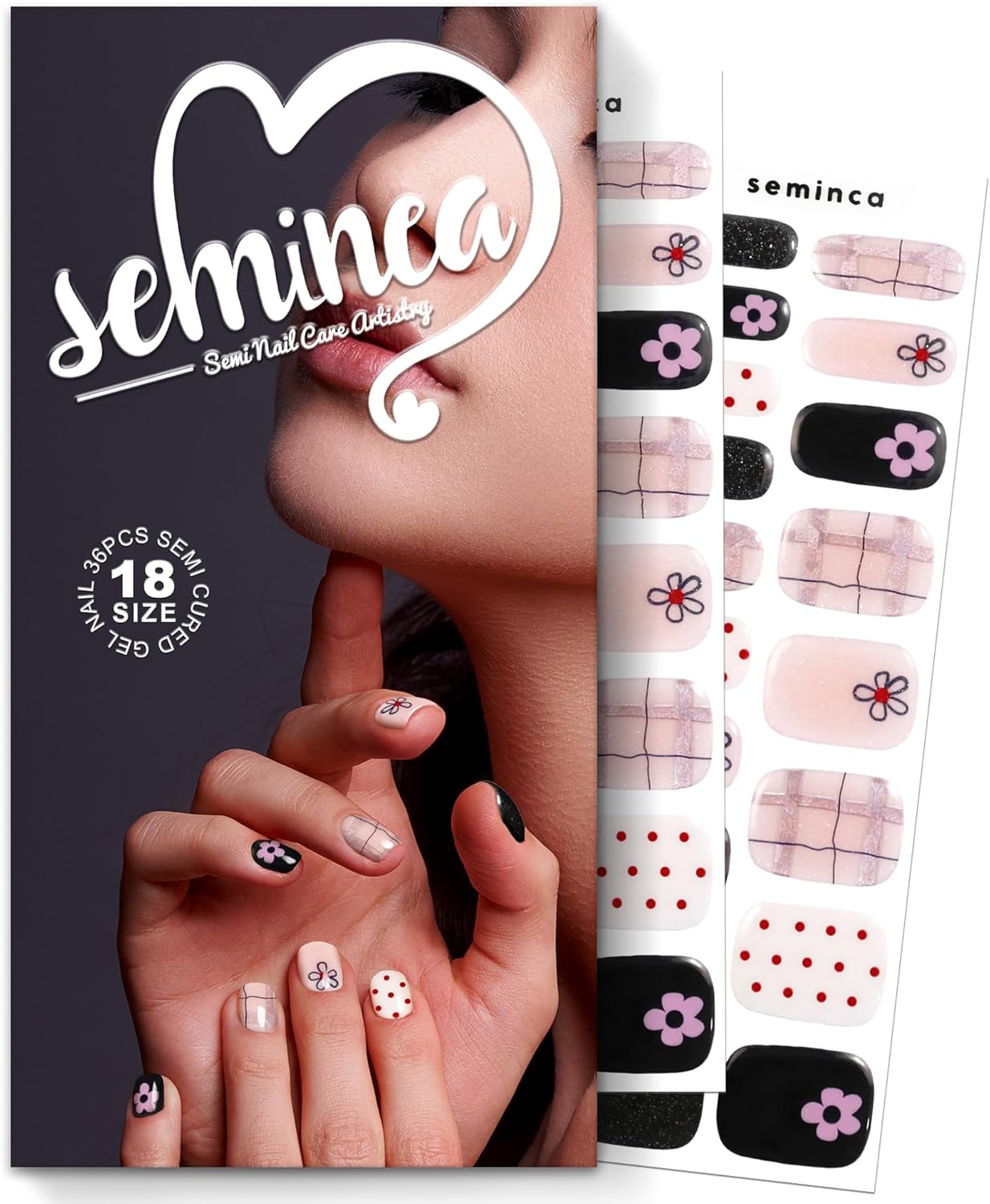Semi Cured Gel Nail Strips-Variety Press on Nails Set Floral Print, Polka Dot & Minimalist Design, Short Almond Semi Gel Nails, French Manicure Alternative(Floral Fantasy）