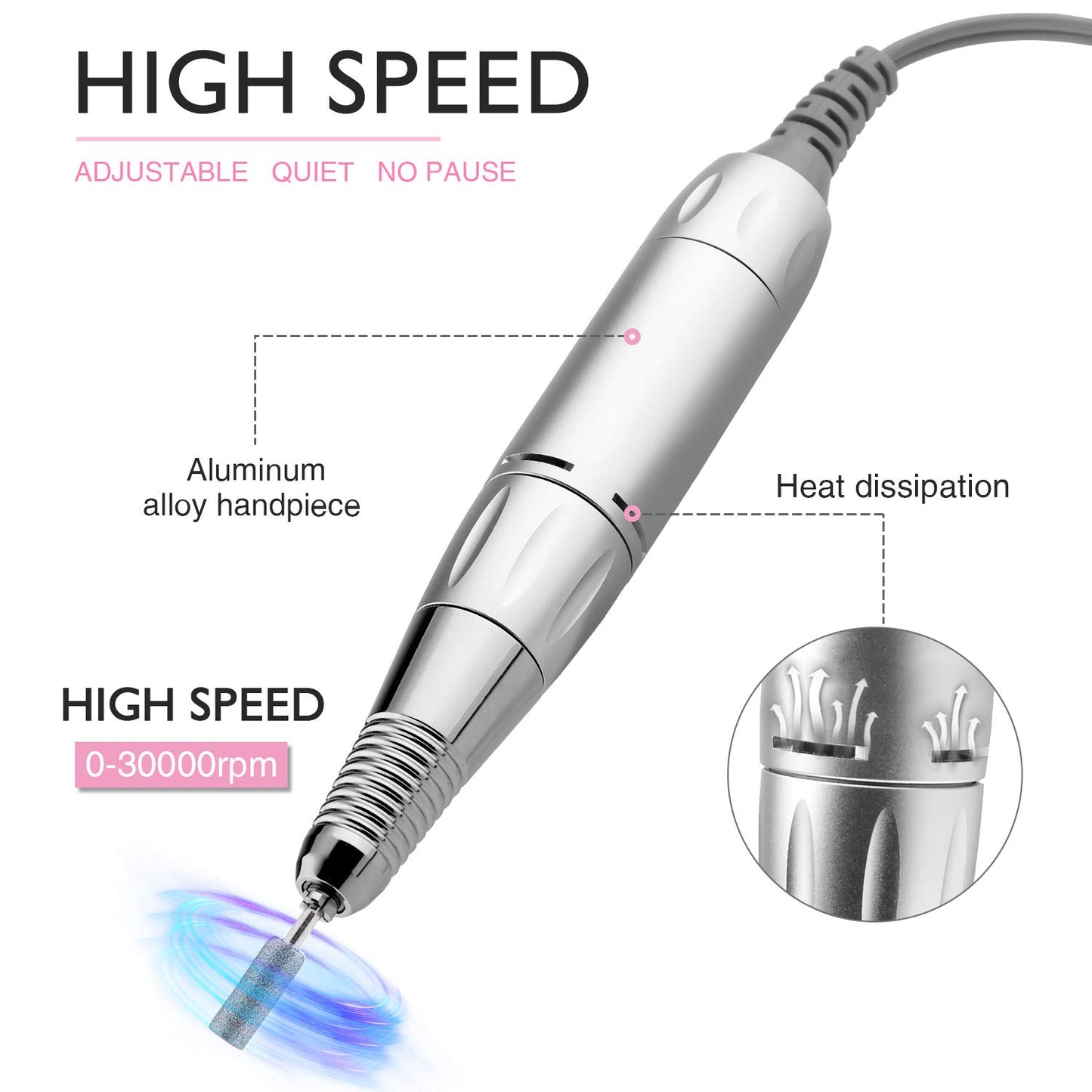 30000RPM Portable Nail Drill Machine, AZ GOGO Professional Rechargeable Electric Efile Nail Drill for Acrylic Nails, Manicure/Pedicure, Polishing, Cuticle - Salon or Home Use（Pink）