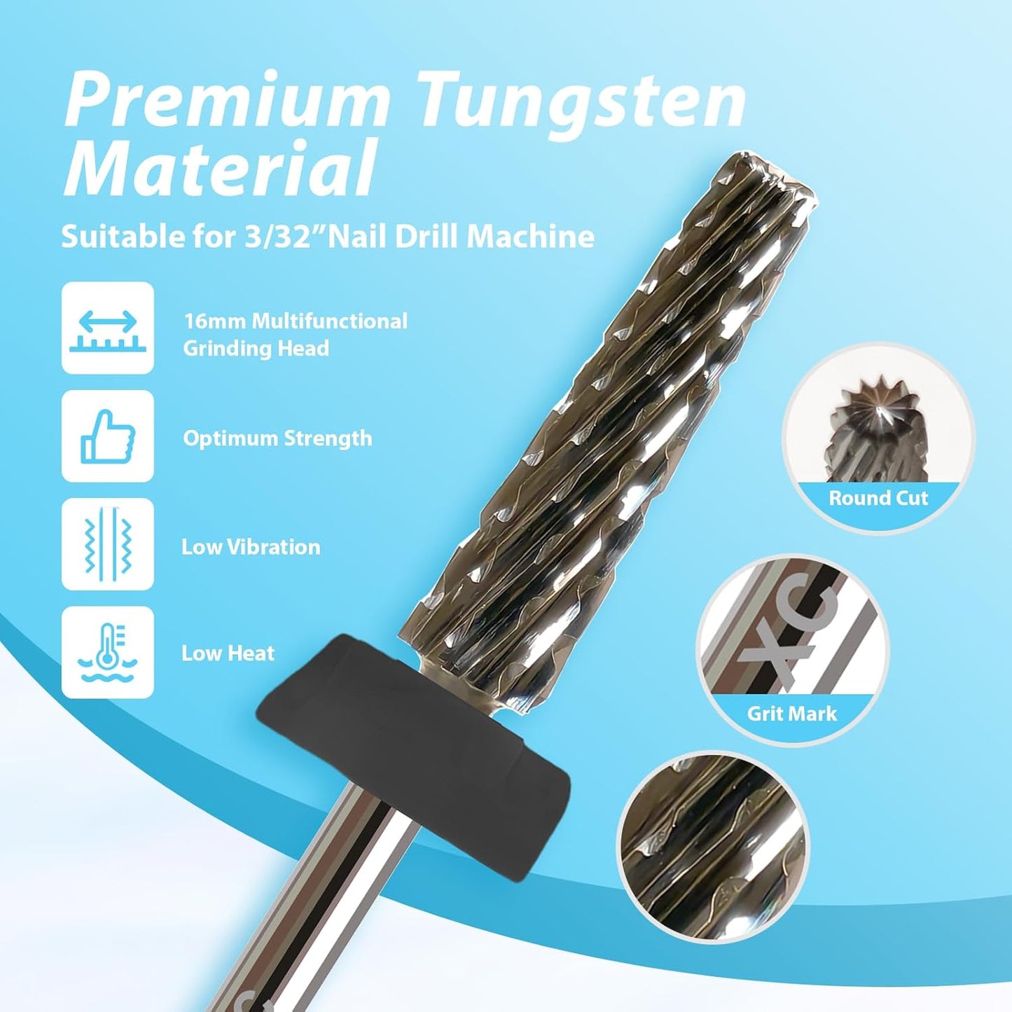 16mm 5 in 1 Nail Drill Bits for False Nail Apply, 3/32'' Tungsten Carbide Professional Bit, Slender Bit for Corners, Left & Right Hand Use, Manicure Cuticle Gel Polishing, Extra Coarse.
