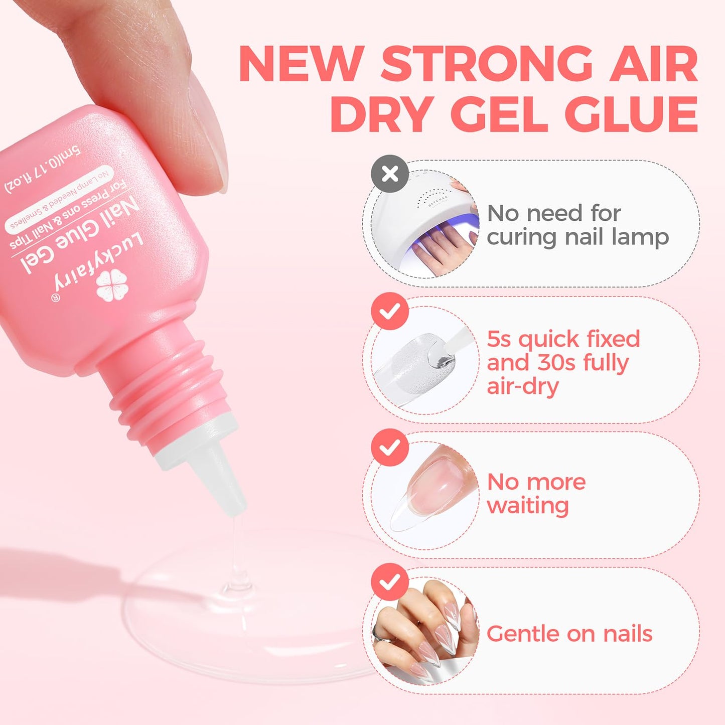 Gel Nail Glue for Press on Nails: No Lamp Need, Upgraded Air Fast-curing Super Strong Glue Gel 5ml*3pcs for Nail Tips Fake Nails & Acrylic Long Lasting 30+ Days