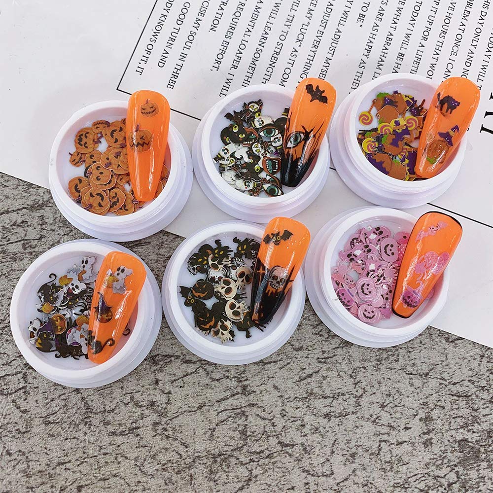 Kalolary 8 Boxes Halloween Nail Art Sequins 3D Nail Art Decals Stickers, Halloween Pumpkin Witch Bat Nail Arts Decals Manicure DIY Decoration Tools