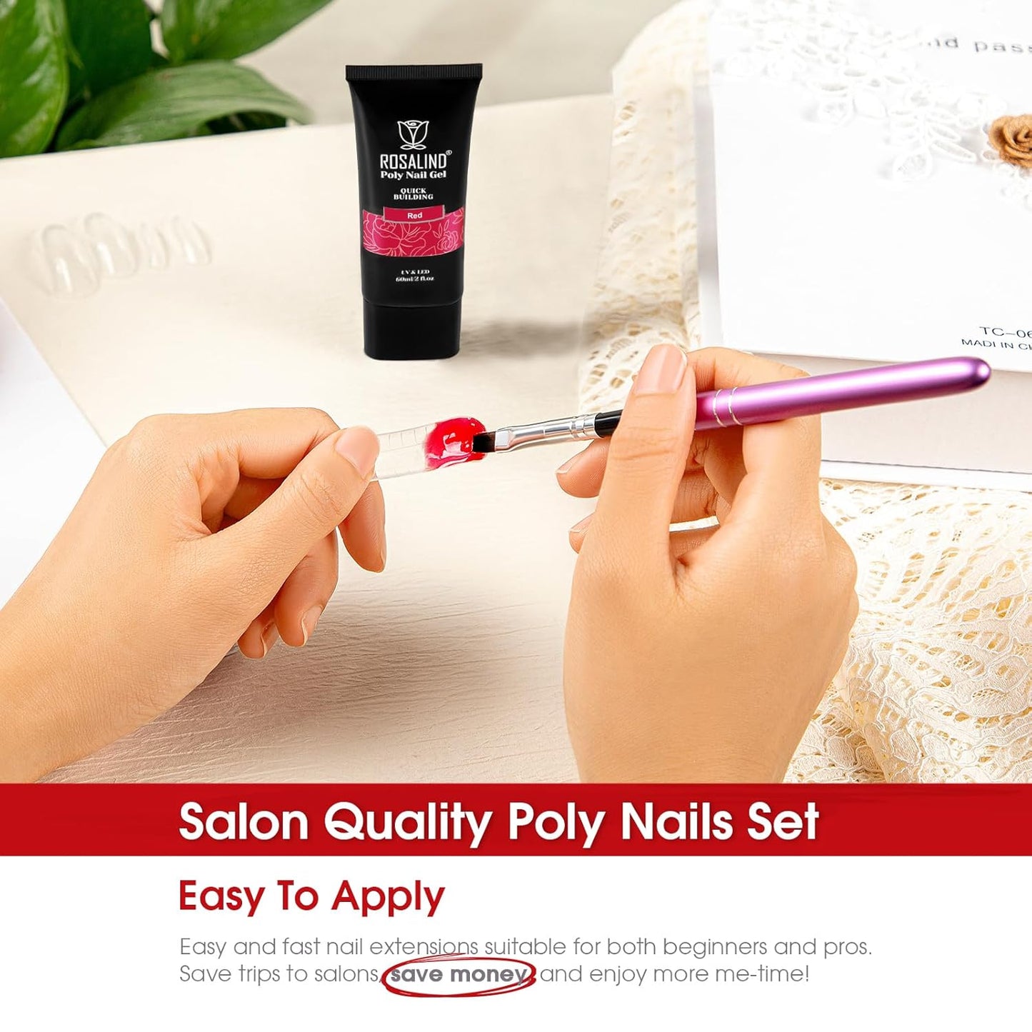 ROSALIND 2 oz Red Poly Nail Gel, Big Tubes Builder Red Gel for Nail Art Decoration, Nail Thickening Poly Nail Gel Easy to DIY Use at Home Need UV Lamp