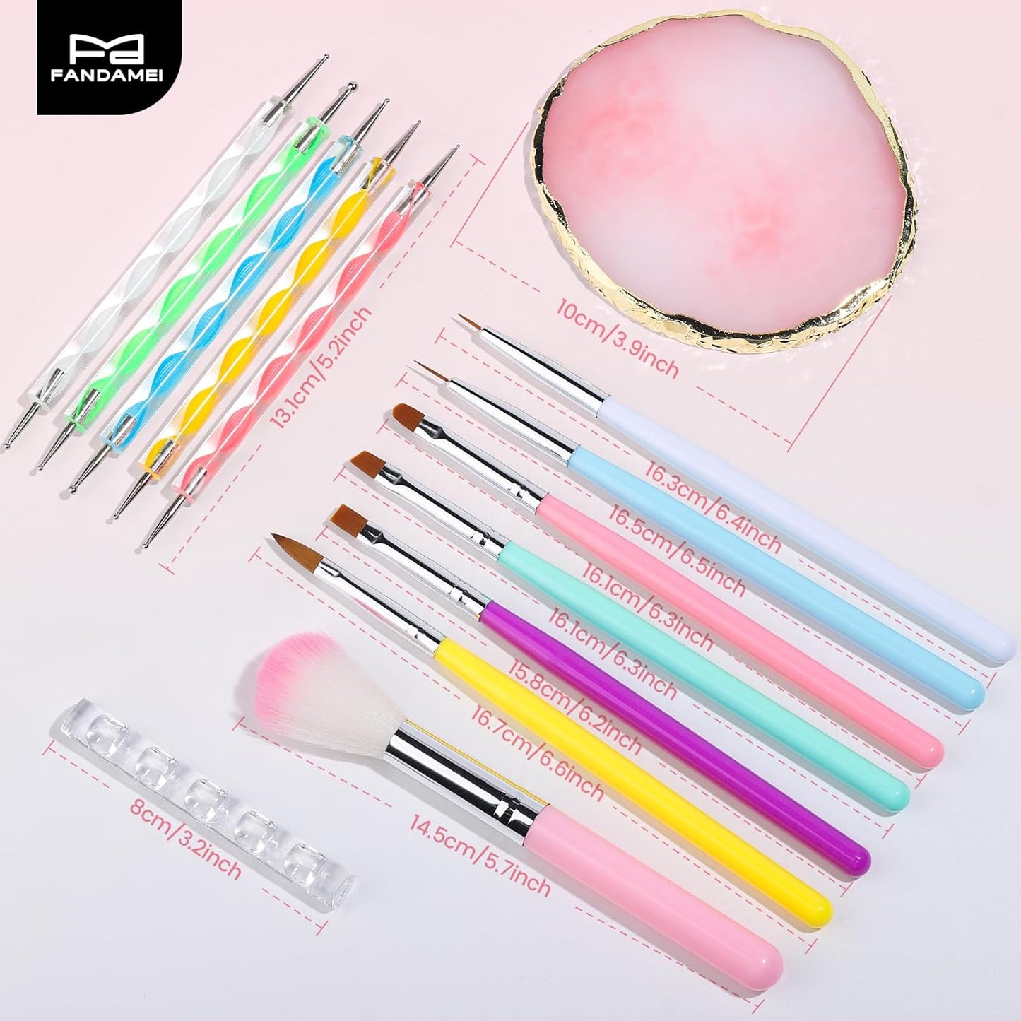 FANDAMEI Nail Art Brushes, 6PCS Nail Brushes for Nail Art, 1PCS Resin Nail Art Palette, 1PCS Nail Clean Up Brushes, 5PCS Dotting Pen Nail Design Tools Kit, Nail Polish Mixing Palette Nail Art Tools