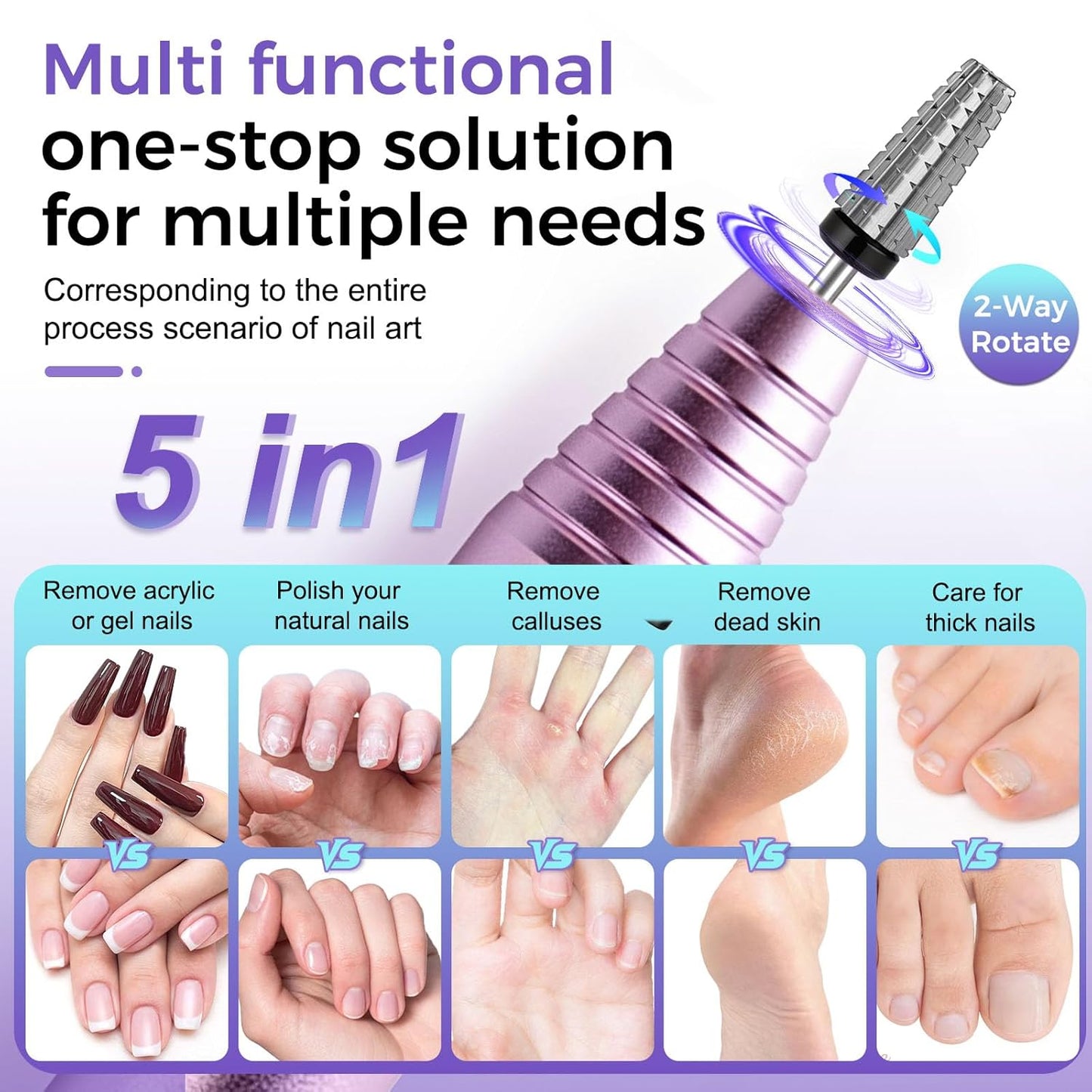 Fantexy 5 in 1 Nail Drill Bits,Professional 3/32" Shank Tungsten Steel Bits for Acrylic Nails,Manicure,Nail Art,Drill Machine,Both Left and Right Handed - Two Way Rotate Use (Extra Coarse - XC)