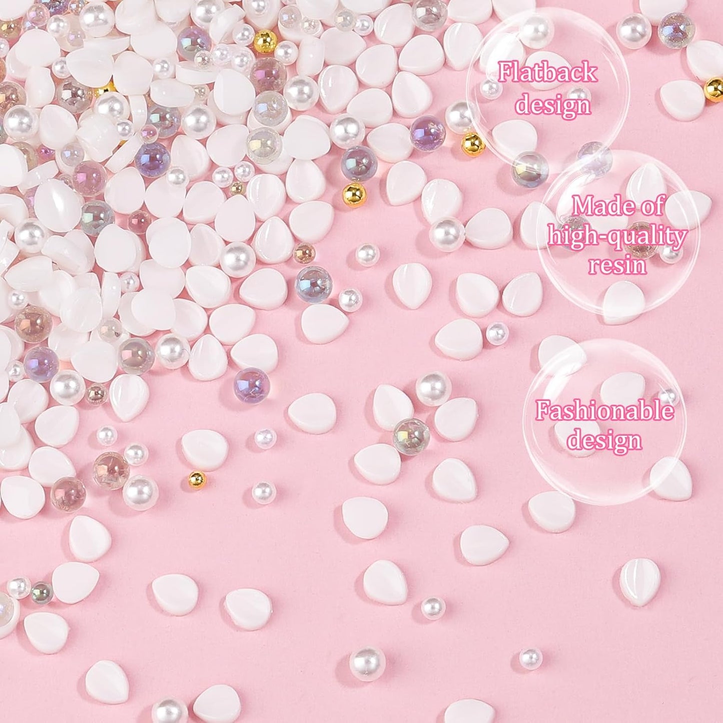 500Pcs Flower Nail Charms Kit, 400Pcs 3D White Flowers Petals and 100Pcs Round Pearls with Gold Metal Caviar Beads Bubble Beads, Cherry Blossom Petal Tiny Gems Mixed Rhinestone for Nails DIY