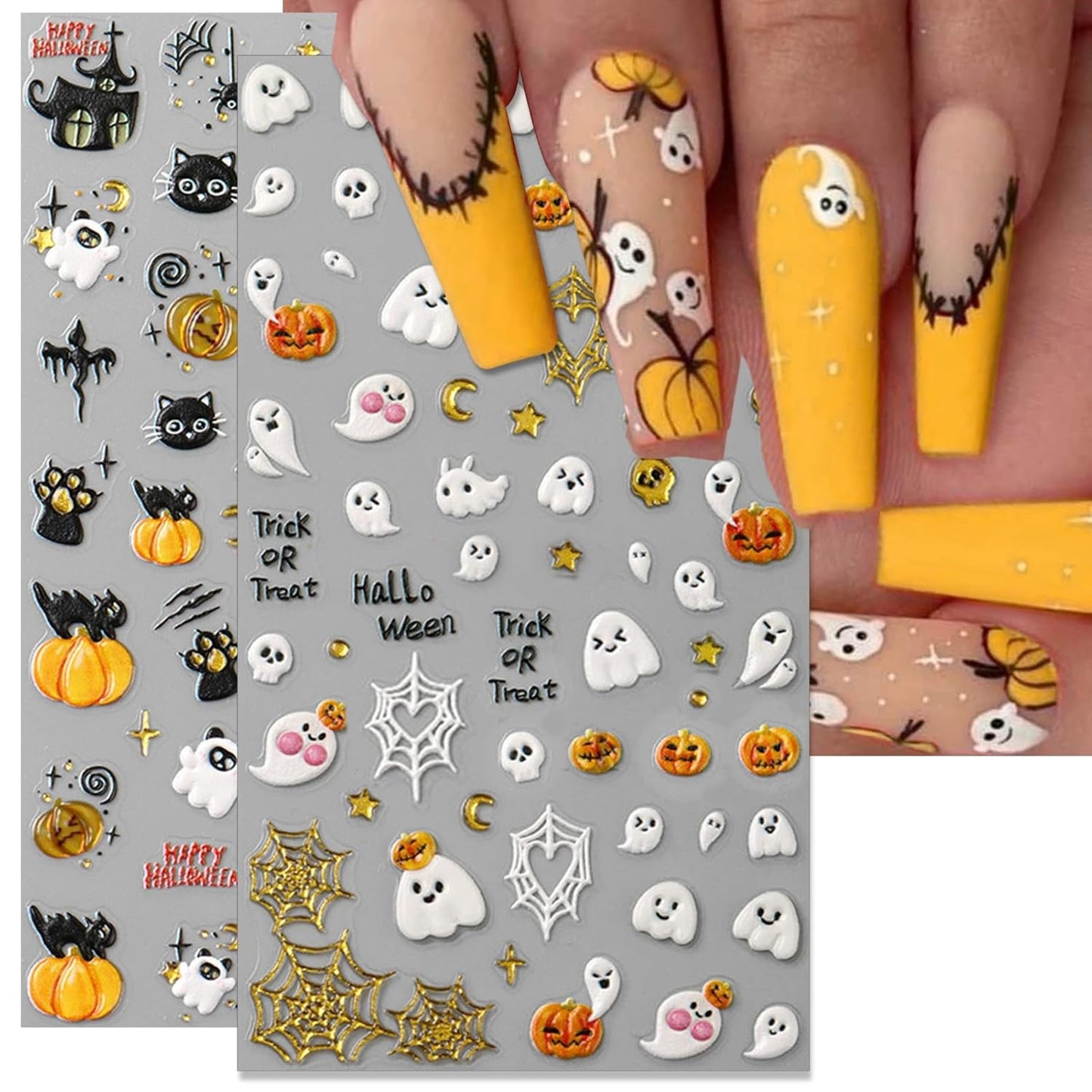Halloween Spooky Nail Stickers, Embossed Ghost Black Cat 5D Self-Adhesive Nail Art Decals for DIY Cute Pumpkin Manicure (2 Sheets)
