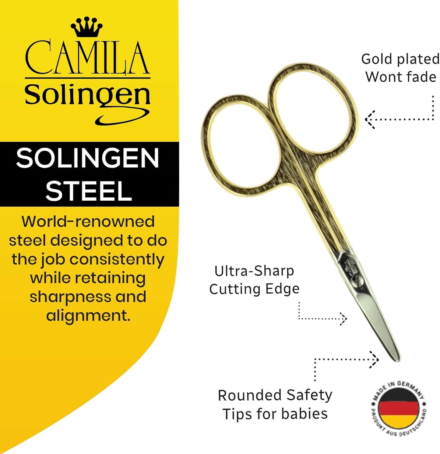 CS01 Safety Tip Baby Nail Scissors for Manicure and Pedicure, Hypoallergenic Gold Grooming Scissors for Toddler Nail Care, Made of Stainless Steel in Solingen, Germany