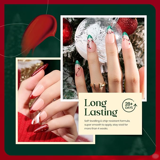 Beetles Christmas Gel Nail Polish, Red Sparkle Green Glitter Gold Silver Winter Gel Polish Dark Red Gel Polish Kits Soak Off Nail Lamp Uv LED Cured for Nail Art Design Gift for Women