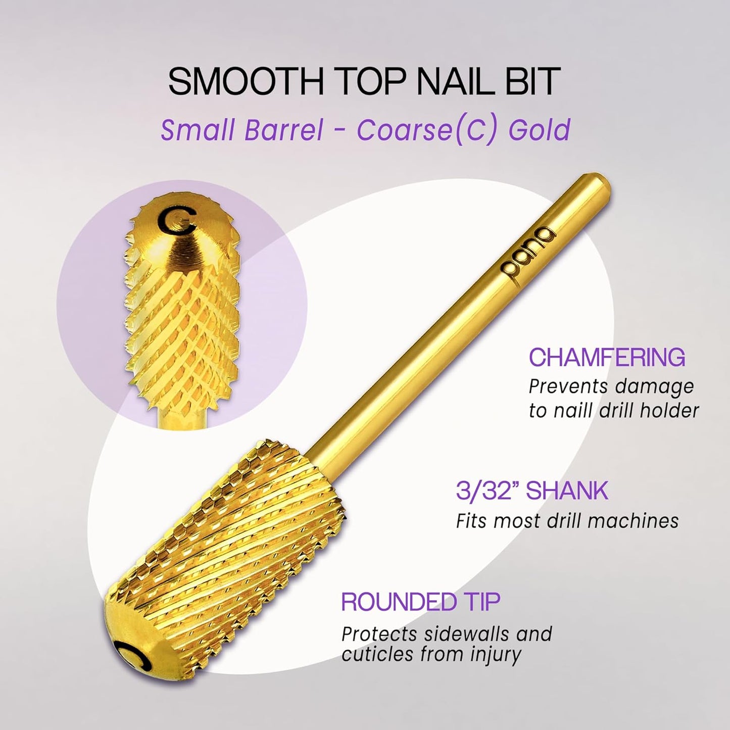 PANA 3/32" Shank Size Smooth Top Small Barrel Carbide - Nail Drill Bit for Dremel Machine Manicure Pedicure Nail Salon Tools Gel Polish & Acrylics Removal (Gold, Coarse)