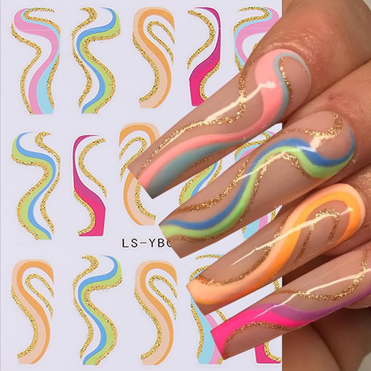 6Sheets Color French Nail Art Stickers 3D Self-Adhesive French Tip Line Nail Decals Colorful Geometric Curve Stripe Nail Stickers French Nail Tips Guides Nail Art Supplies for Women DIY Manicure Charm