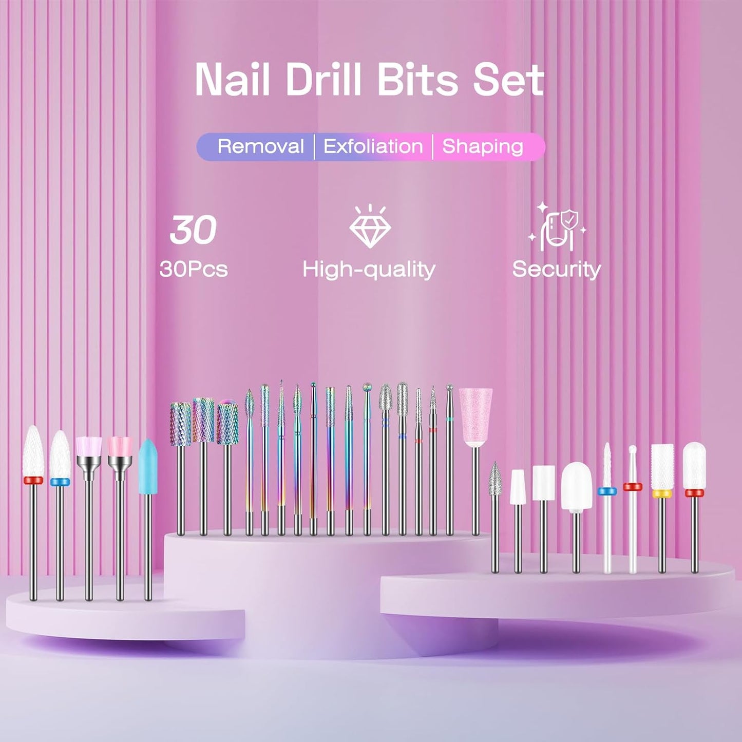 30PCS Nail Drill Bits Set with Holder Case, 3/32 Inch Tungsten Carbide Ceramic Diamond Efile Cuticle Nail Bits Tool, Safety Bits for Acrylic Gel Removal Polish Nail Tech Manicure Pedicure, Home Salon