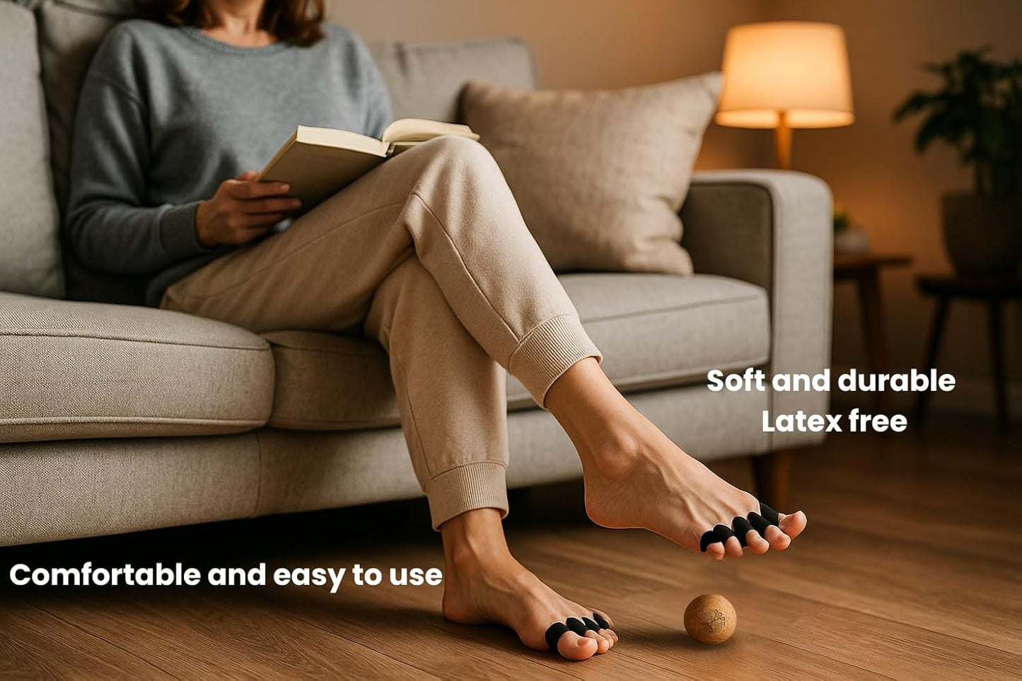 Toe separators kit with resistance band and massage ball - Includes latex free spacers, bunion corrector, cork massage ball, and cotton bag. Enhance toe alignment, ease plantar discomfort, and foot pain.