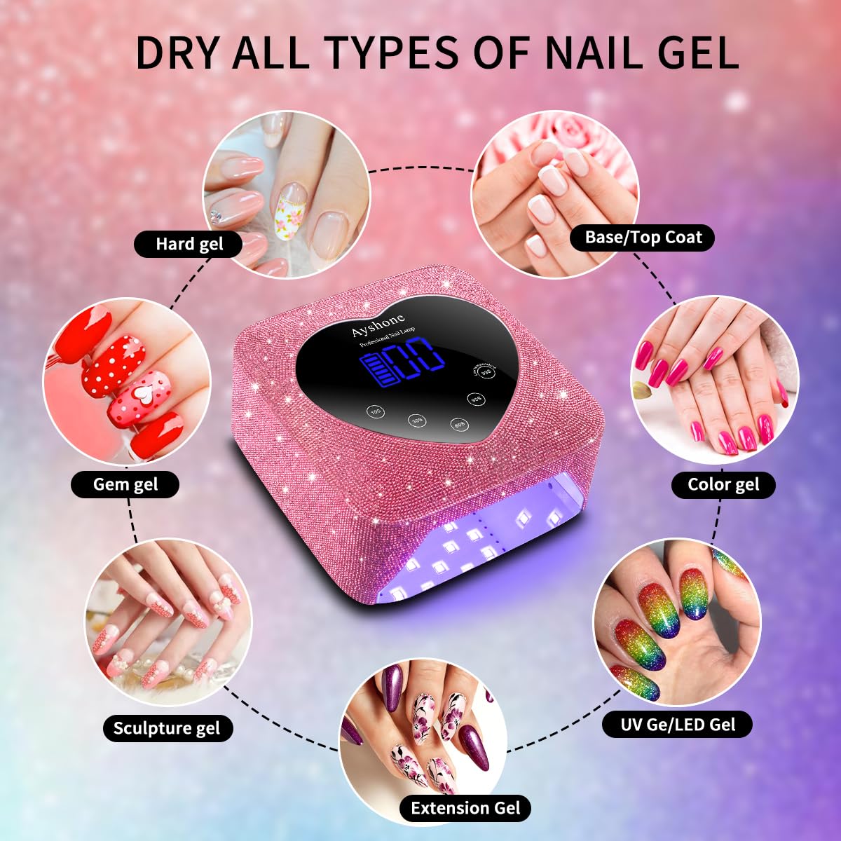 Cordless UV LED Nail Lamp,72W Rechargeable Nail Dryer Gel Polish Light with Large LCD Display,Rechargeable Nail Curing Lamp for Salon & Home (Rose Red Diamond)