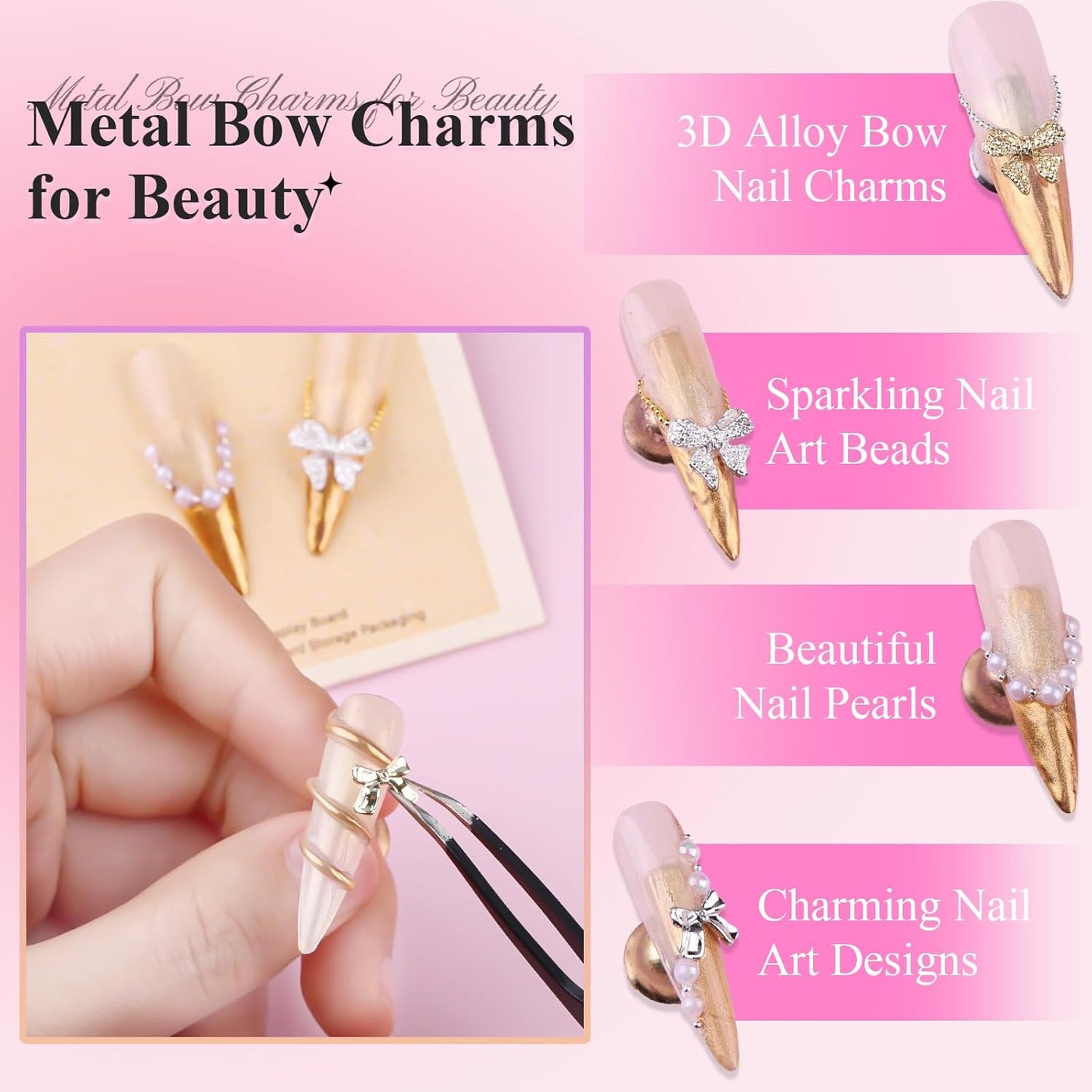 3D Metal Bowknot & AB Pearl and Mini Beads Nail Art Kit - Gold/Silver Alloy Bowknot, 1-2mm Stainless Steel Caviar Beads, 3mm Half Pearls for Professional Salon & DIY Manicure Jewelry Designs (Set 1)