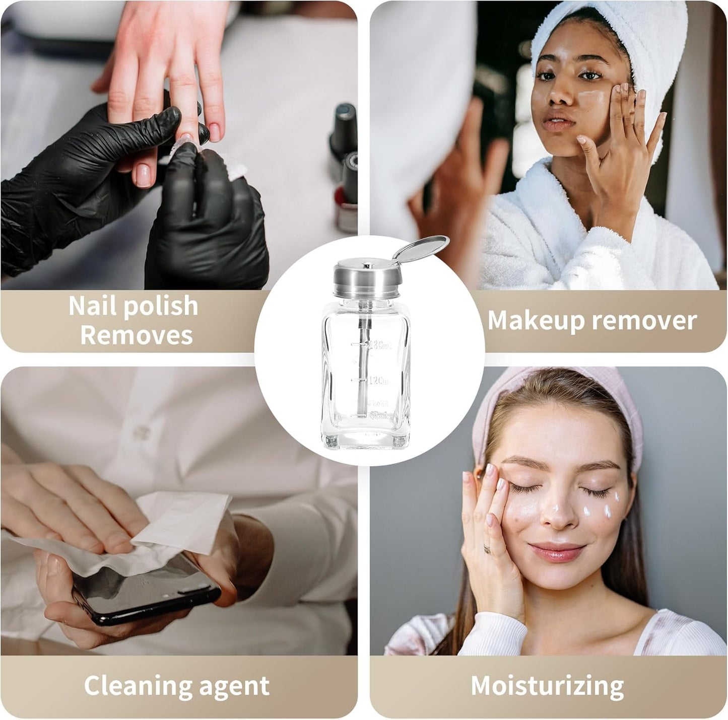 souG 3 Pcs 6 Oz/ 180 ml Clear Pump Dispenser Bottle with Metal Flip Cover Glass Nail Polish Remover Push Down Dispenser Bottle Refillable Push Down Pump Dispenser Press Container for Makeup Remover