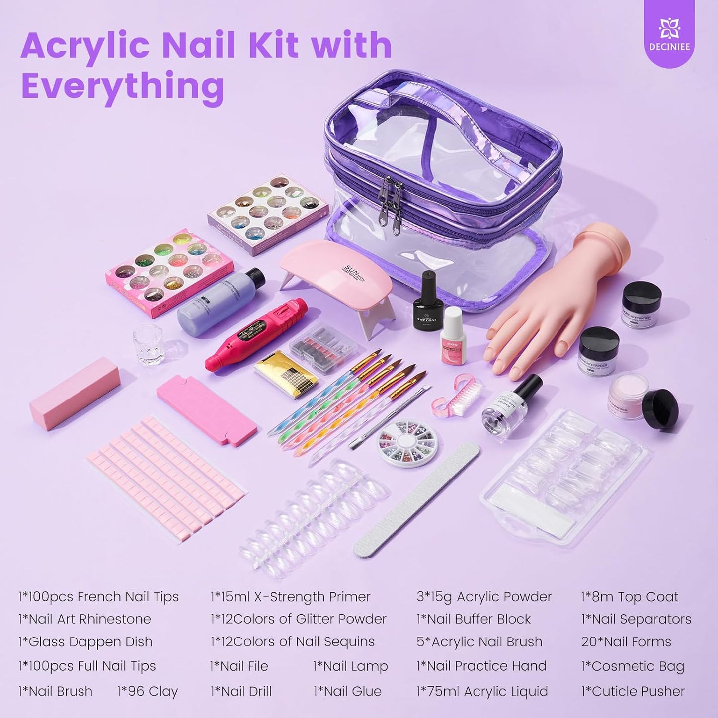 Nail Kit for Beginners with Everything: Professional Nail Acrylic Powder Liquid Set with Practice Hand Drill U V Light in Cosmetic Bag for Women Salon Home(Purple)