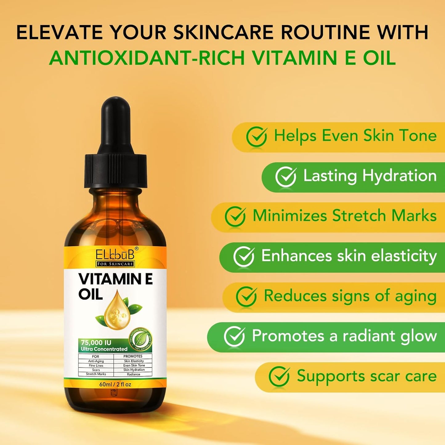 ELBBUB Vitamin E Oil - 75,000 IU Ultra Concentrated - Moisturizes, Fades Scars & Stretch Marks, Anti-Aging & Skin Hydration - for Face, Body, Hair, and Nails