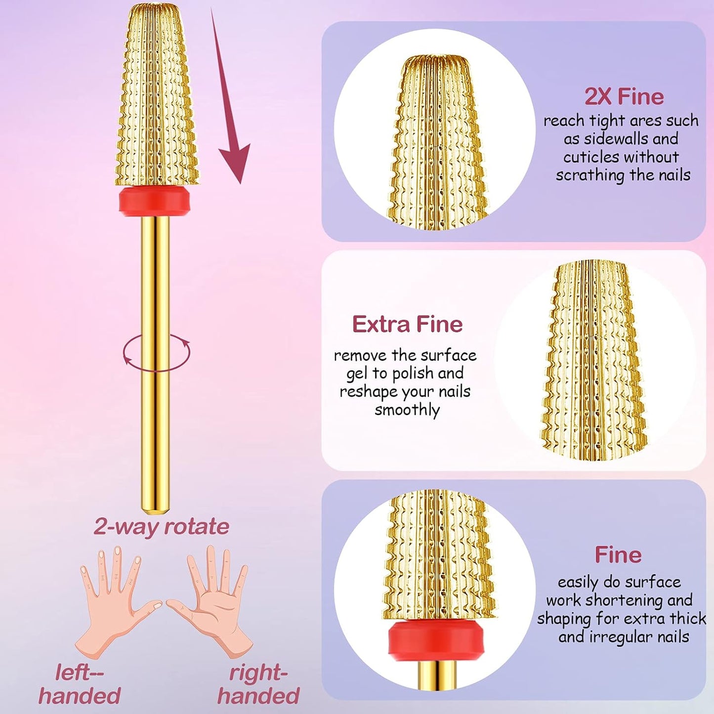 Outus 3 Pieces Nail Carbide 5 in 1 Tapered Barrel Carbide Nail Drill Bit Set, 3/32 Inches Cone Shape Bit for Acrylic or Gel Remover (Golden)