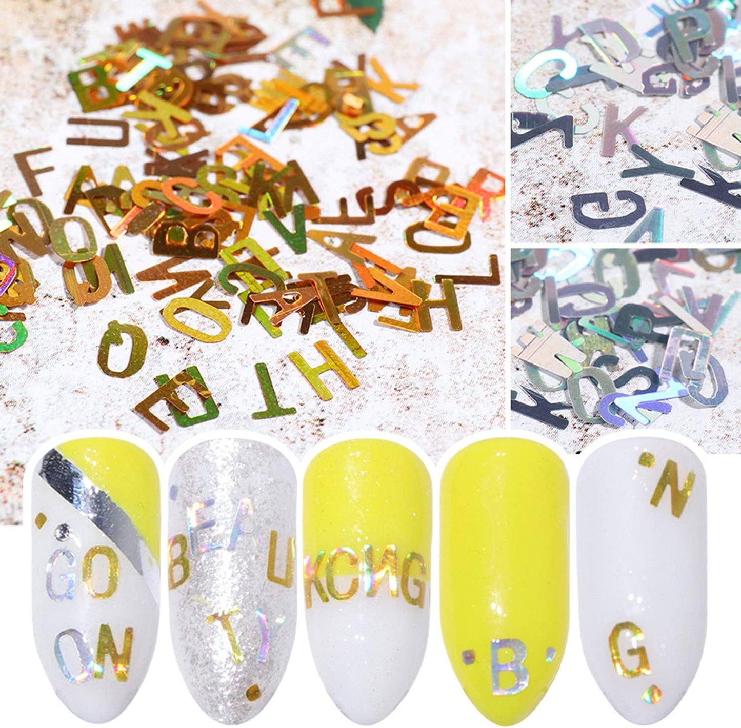 12 Colors Letters Nail Art Glitters Sequins Laser Gold 3D Flakes Alphabet Designs Accessories for Women Girls Manicure Tips Decorations Shine Stickers Decals
