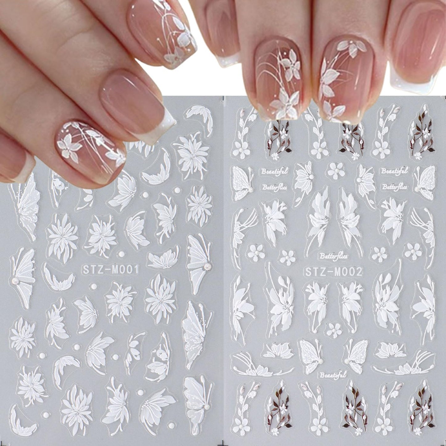 2Pcs Flower Nail Stickers for Nails Art White Magnolia Flowers Nail Art Stickers Decals Summer Butterfly Self-Adhesive Design Nail Supplies for Women Manicure Accessories