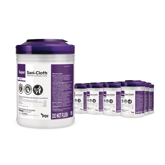 Super Sani-Cloth Germicidal Disposable Wipe, Hospital Grade Disinfection, 160 Large 6" x 6.75" Wipes Each, Case of 12 Canisters