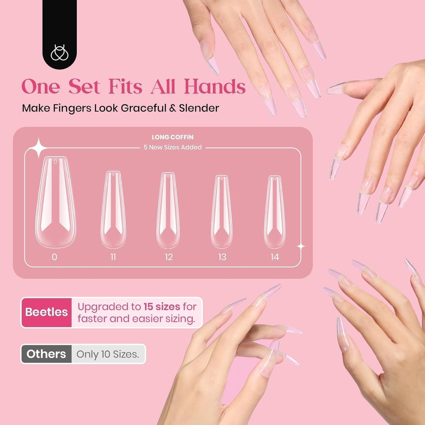 Beetles Gel Nail Tips Upgraded 15 Sizes Long Coffin Gel Nail Tips 630Pcs Pre-Shaped Clear Full Cover False Nails Easy Nail Extension for Gel Nail Polish Gift for Women