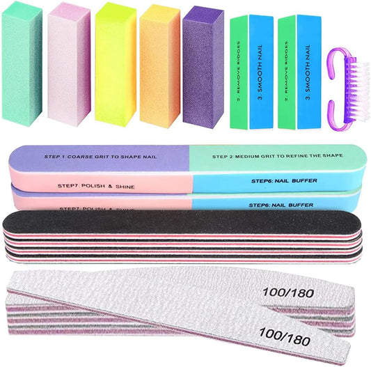 18PCS Nail Files and Buffers Set, Professional Manicure Tools Kit, Nail Buffer Block & 100/180 Grit Nail File, 7 Way Nail File & Double Side Nail Polishing Buffer, Nail Files Emery Board and Brush