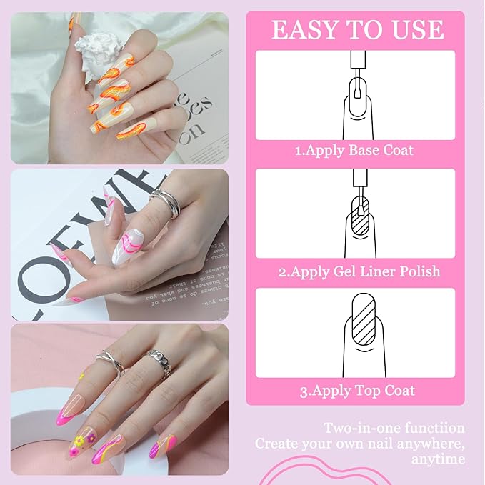 Nail Art Gel Liner Set, 12 Colors Black White Hot Pink Yellow Green Glitter Fall Winter Gel Polish for Swirl French Tip Painting Designs Soak Off Built Thin Brush DIY Nail Design Kit