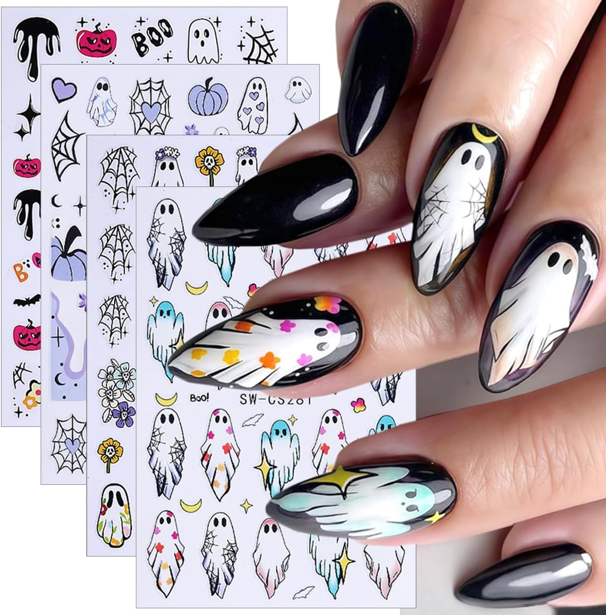8 Sheets Halloween Nail Art Stickers Decals 3D Self-Adhesive Heart Spider Web Pumpkin Skull Flower Nail Decals Cute Ghost Nails Decorations Gothic Nail Stickers for Women Halloween Manicure Supplies