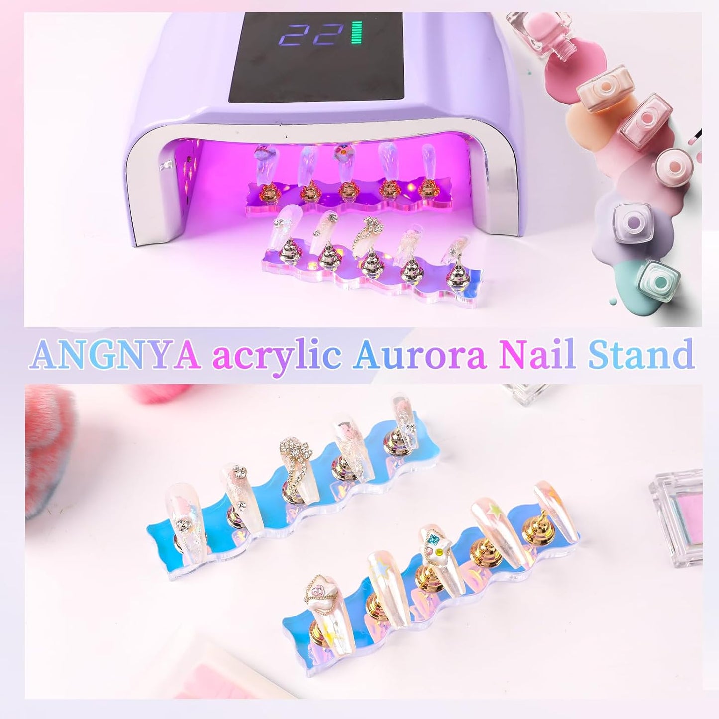 ANGNYA Nail Stand for Press on,2 Set Aurora Nail Holder for Painting Nails Press on Nail Stands with 96 Pcs Reusable Sticky Putty for Nail Art Display Home & Salon Use