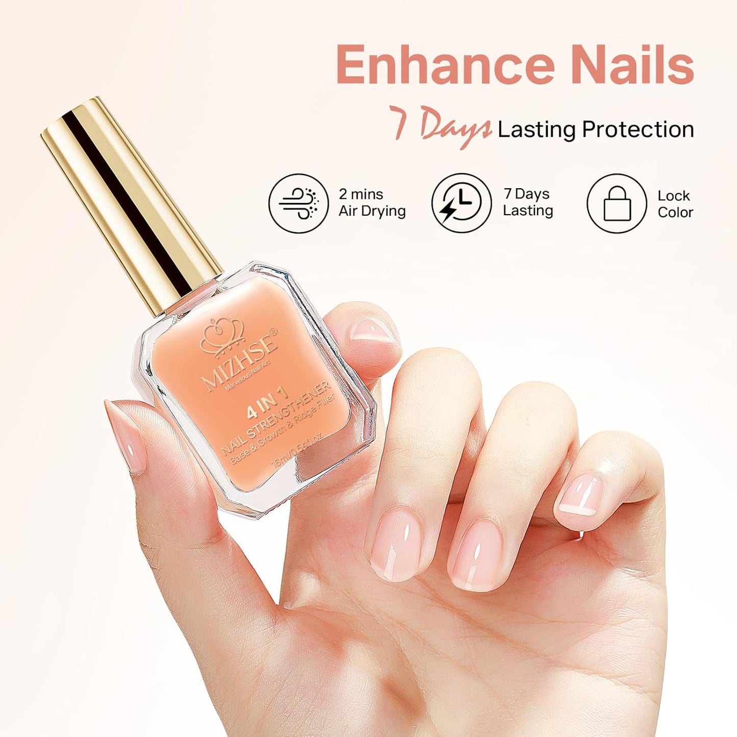 MIZHSE Nail Strengthener, Nude Color Air Dry Nail Repair Treatment Growth Polish, Natural Concealer Ridge Filler for Nails Foundation Polish for Thin and Damaged Nails 16ML