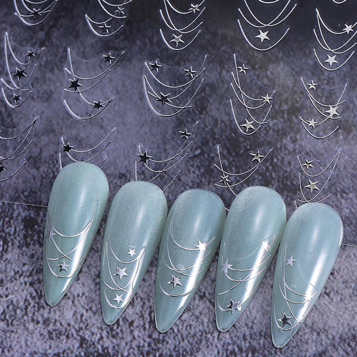 2 Sheets Star Nail Decals with Line Design, Gold Silver Star Nail Design Stickers, 3D Self-Adhesive Nail Stickers for Women DIY Daily Manicure Decoration Supplies Acrylic Nails Decoration