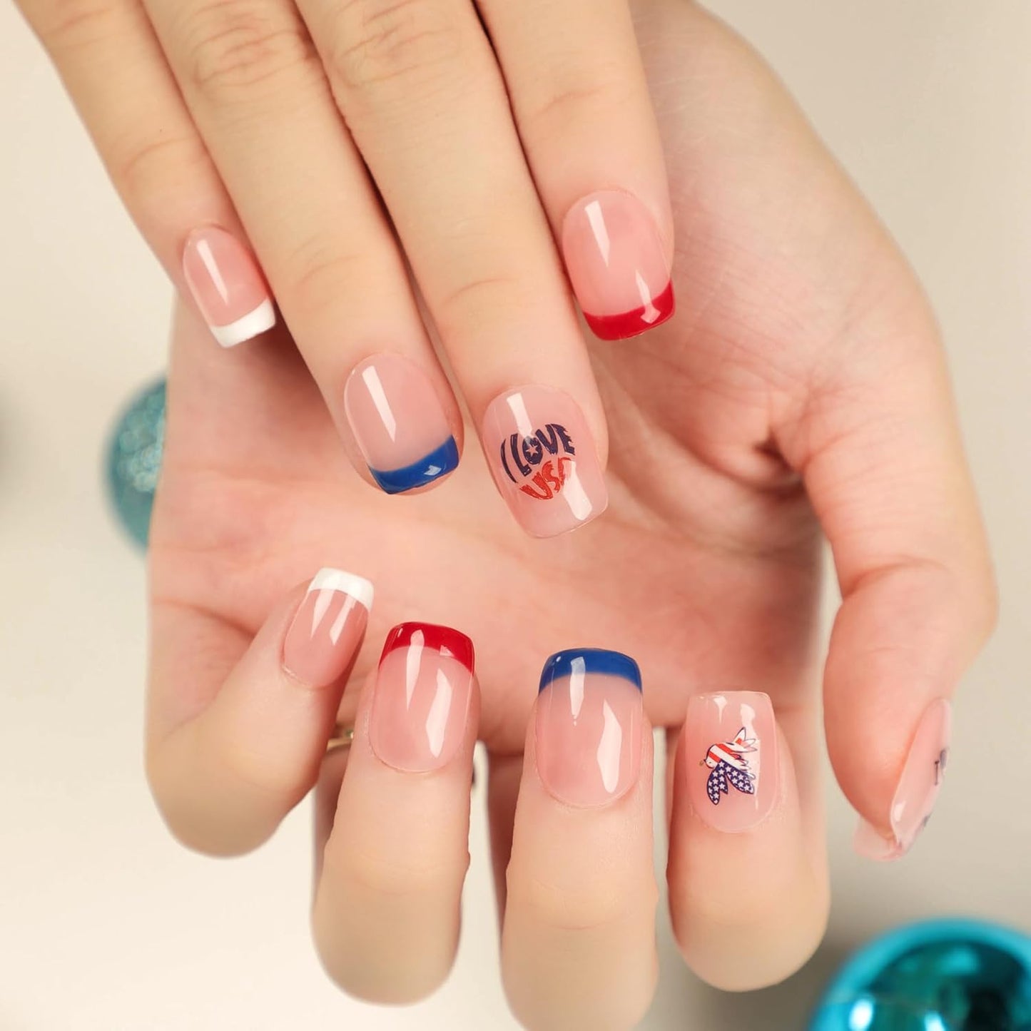Independence Press On Nails Short Square, 4th of July Fake Nails, French Tip Design with Red, White, and Blue Accents, Glossy Gel Finish Acrylic Press Ons, Thick Reusable Glue On Nails for Women