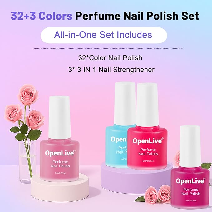 32 Color Perfume Nail Polish Set and 3 PCS Nail Strengthener, Red Pink Pueple and Green Quick Drying Nail Polish Set for Women Salon DIY Nail Art