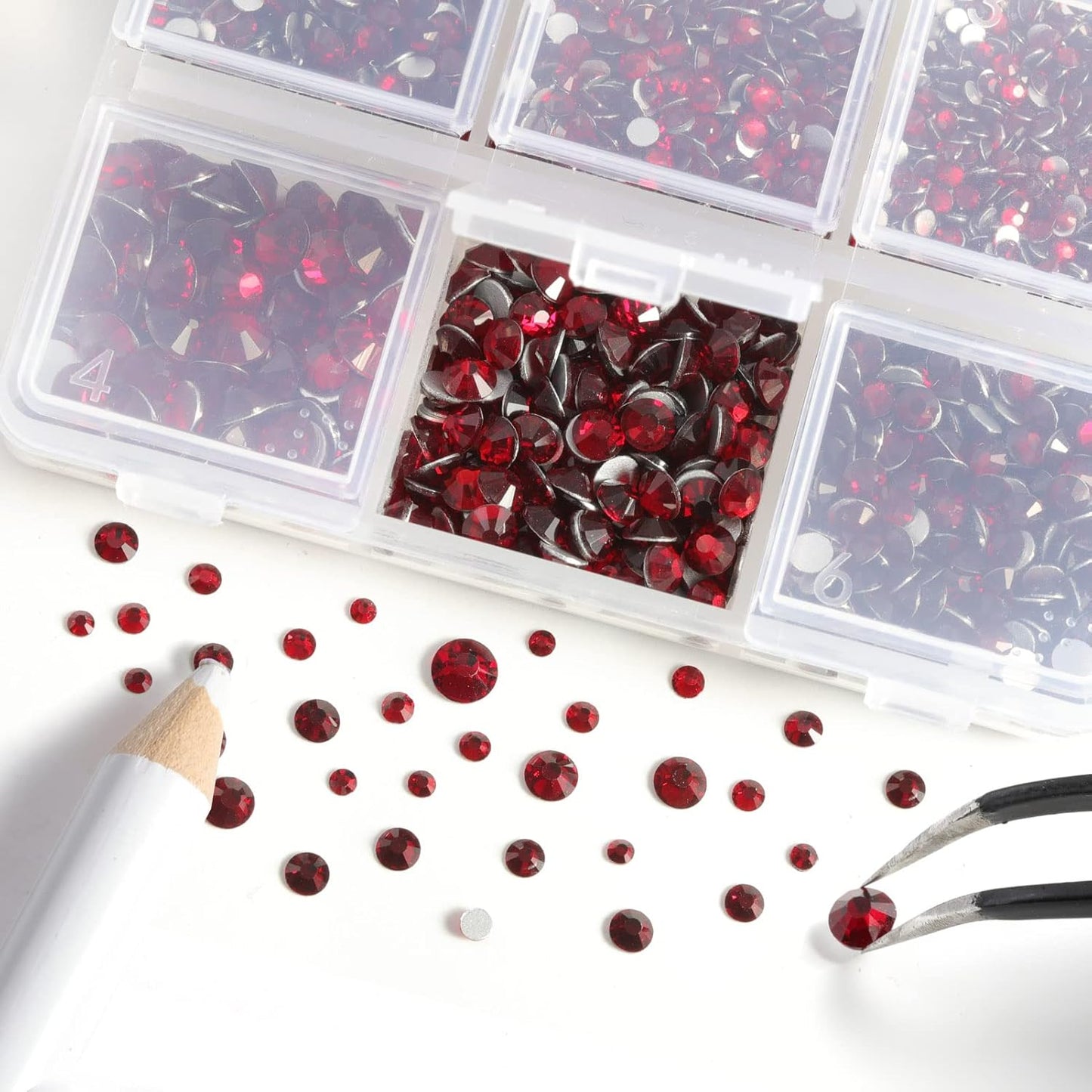 Beadsland 4300pcs Flatback Rhinestones,Dark Red Rhinestone Nail Gems Round Crystal Rhinestones for Crafts,Mixed 6 Sizes with Picking Tweezers and Wax Pencil Kit, SS6-SS20,Dark Siam