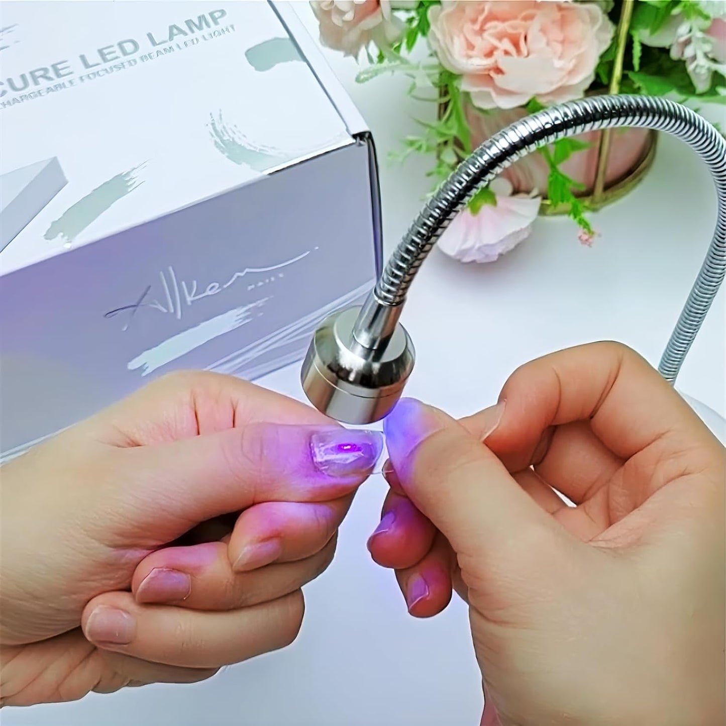 ALLKEM Flash Cure UV Nail Lamp – Gooseneck Gel Nail Light – Cordless Rechargeable LED Curing Lamp for Home & Salon Use – Silver, 3W