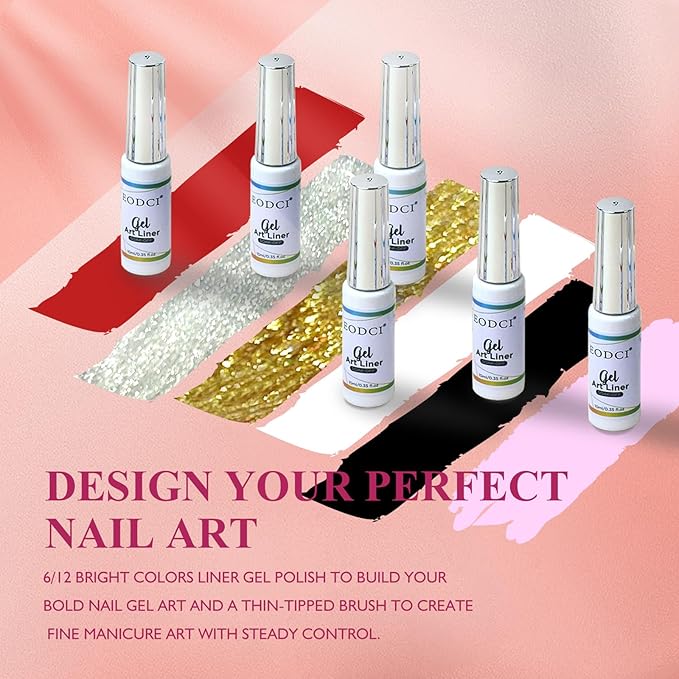 Nail Art Liner Set 6 Pcs Black White Red Gold Silver Glitters Colors Paint Swirl Built Thin Brush in Bottle Soak off Led Lamp Gel Liner Nail Polish Manicure Kits