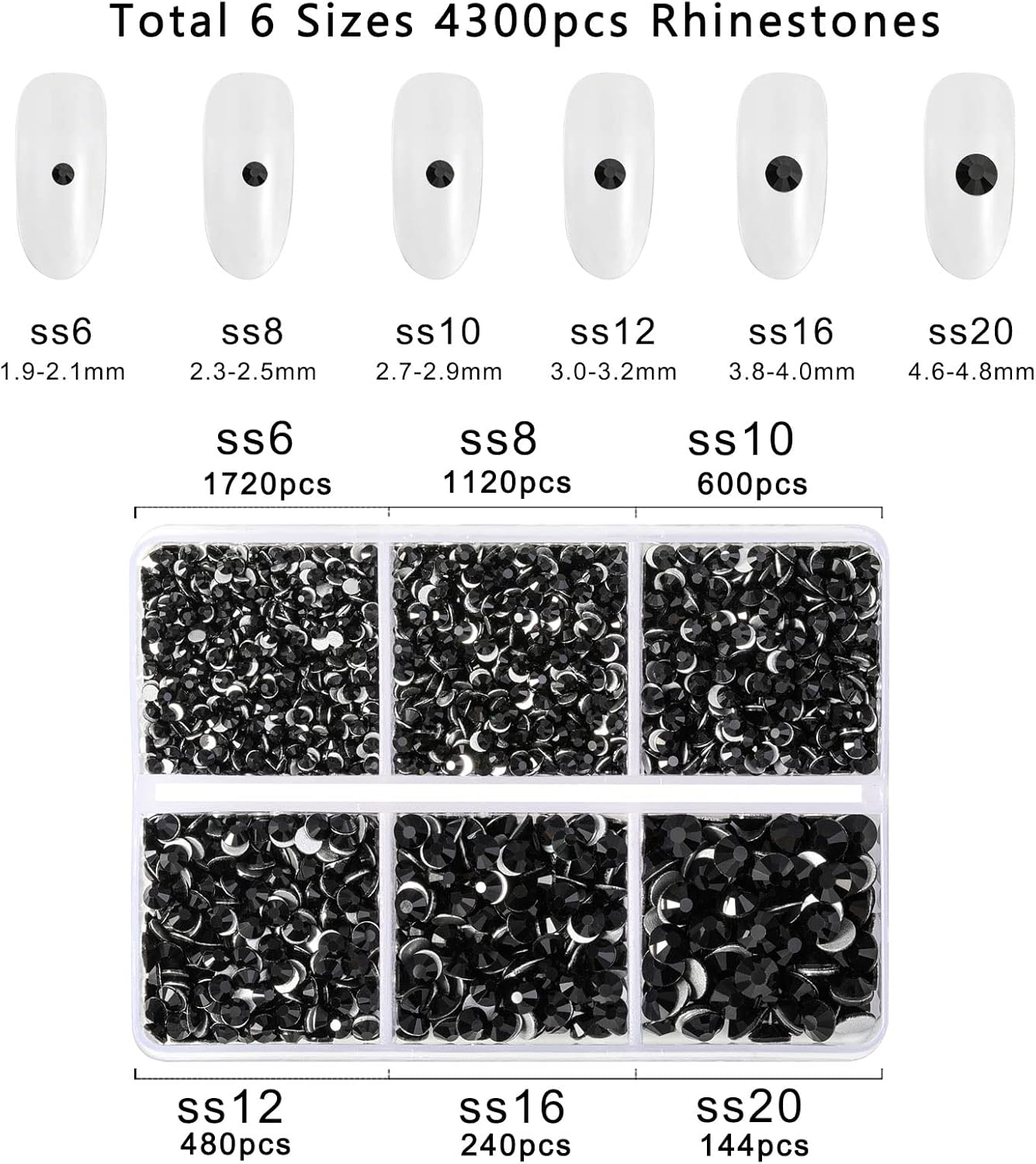 Beadsland 4300pcs Flatback Rhinestones,Black Rhinestone Nail Gems Round Crystal Rhinestones for Crafts,Mixed 6 Sizes with Picking Tweezers and Wax Pencil Kit, SS6-SS20,Jet Black