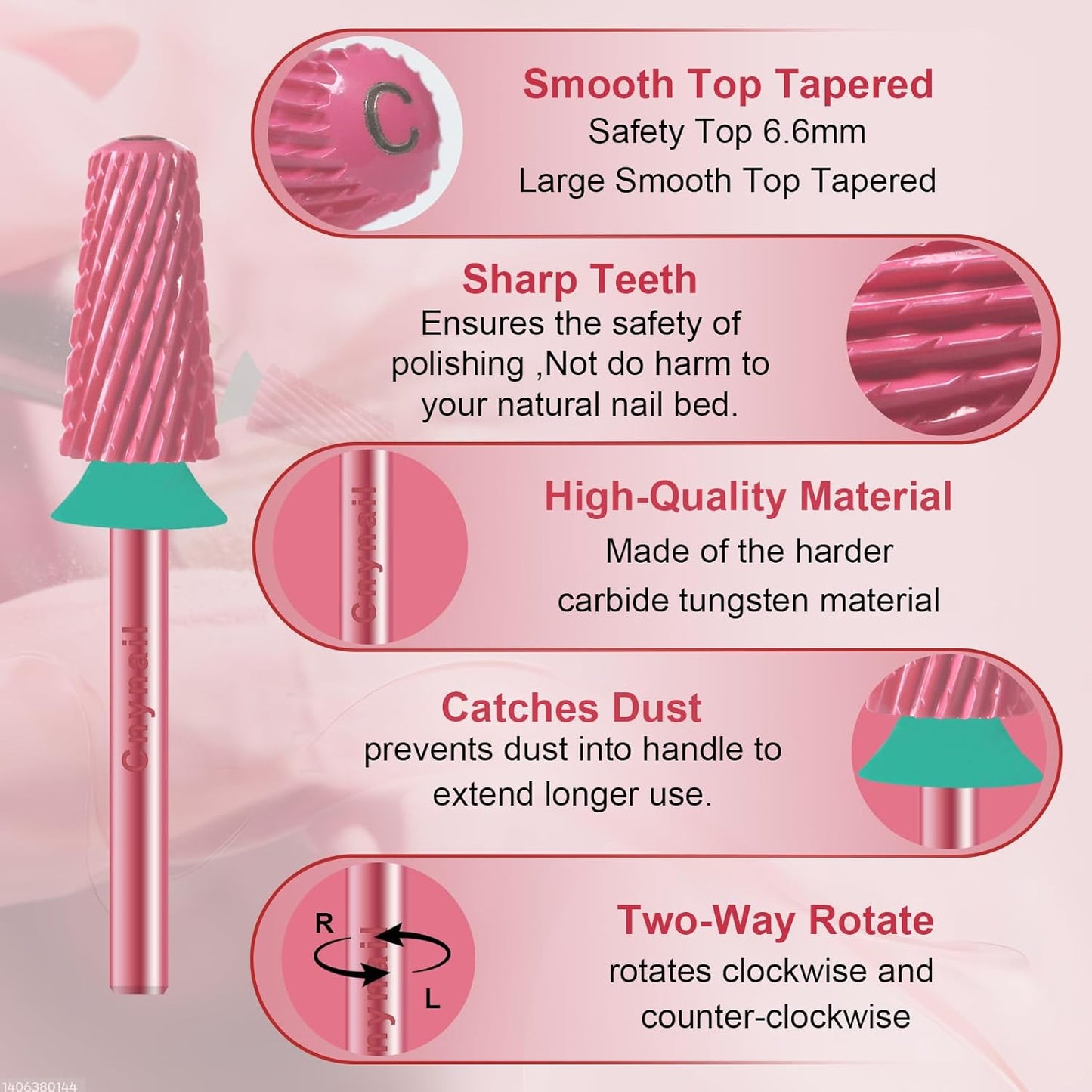 3/32" Large Tapered Smooth Top Bit Tungsten Carbide Nail Drill Bit Safety Bit for Gel & Acrylic Removal, 2- Way Rotating Efile Tip, Salon Electric File Accessory (C Girt, Rose Red)
